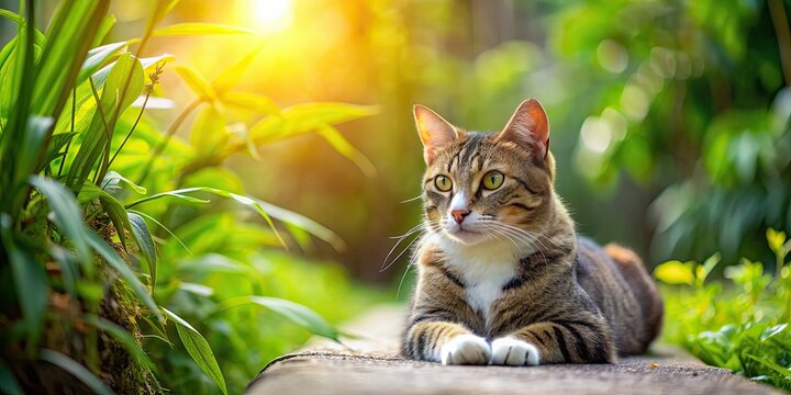 Resting cat enjoying a peaceful moment surrounded by lush greenery, cat, resting, peaceful, moment, lush, greenery
