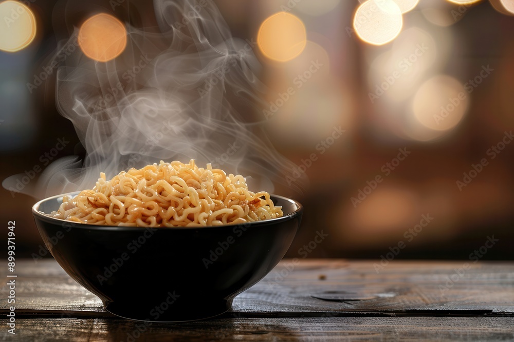 Poster a steaming bowl of delicious instant noodles rests on a wooden table, inviting warmth and comfort fo