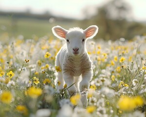 Fototapeta premium Newborn Lamb Taking First Steps in Lush Spring Meadow with Blooming Flowers Symbolizing New Life and Renewal