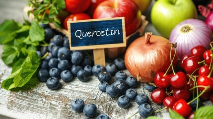 Food contains quercetin on the table. Selective focus.