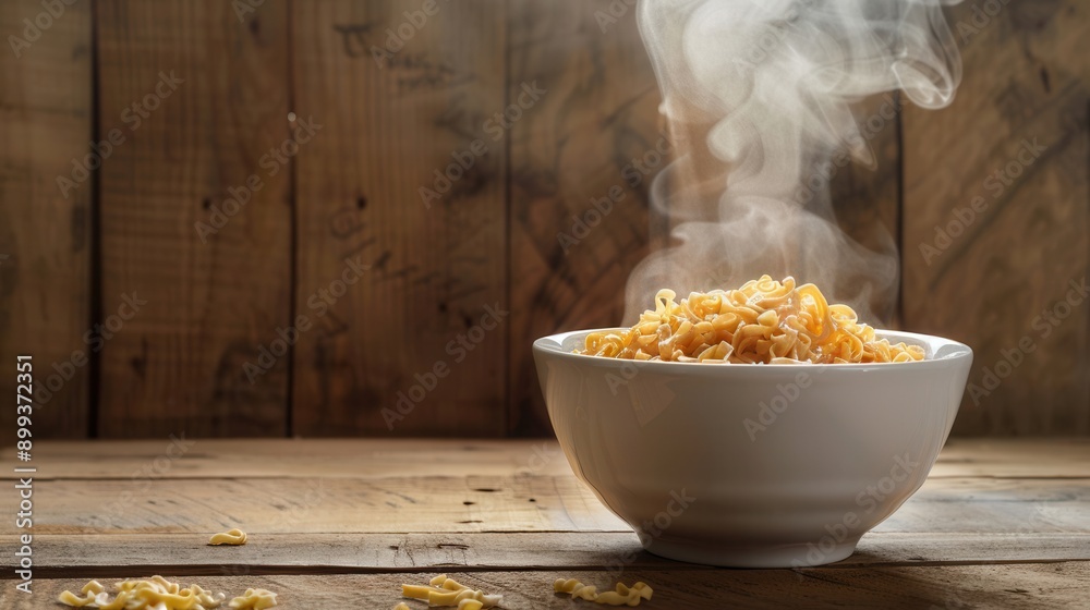 Poster a steaming bowl of instant noodles rests on a rustic wooden table, inviting warmth and comfort for a