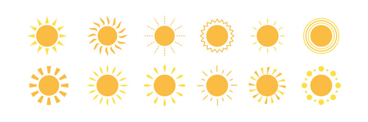 Sun icon set.  Yellow sun starbeam Нot summer weather collection. Vector illustration