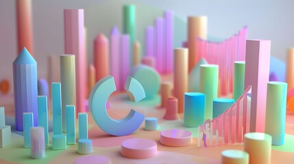 Obraz premium A colorful cityscape with buildings and a C-shaped figure in the middle
