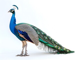 Obraz premium Magnificent Peacock Displaying Its Vibrant Feathers Against a White Background