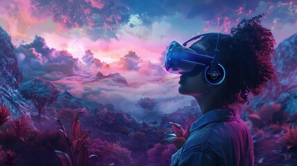 A virtual reality experience with a person wearing a VR headset, fully immersed in a digital environment filled with vibrant landscapes and interactive elements, illustrating the transformative power