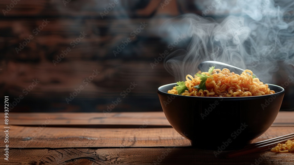 Poster a bowl of instant noodles releases steam, showcasing vibrant ingredients on a wooden table, creating