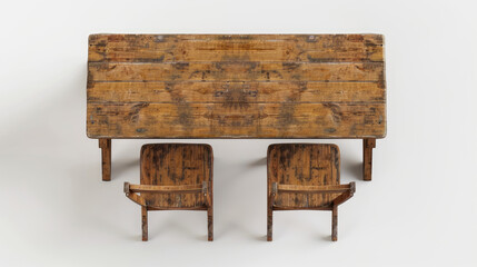 A vintage school desk with two chairs and an empty background
