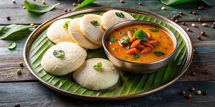 South Indian breakfast dish of idli served with flavorful sambar , idli, sambar, South Indian, breakfast, vegetarian