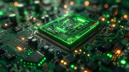 Obraz premium A futuristic illustration of a green computer chip with artistic embellishments, representing the intersection of hardware technology and creativity.