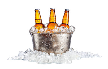 Ice Cold Refreshment: Three chilled bottles of beer nestled in a silver bucket, surrounded by glistening ice cubes, a perfect visual for a thirst-quenching beverage.  