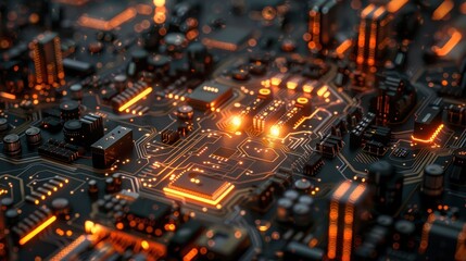 Obraz premium Close-Up of a Glowing Circuit Board with Orange Lights and Electronic Components in a Futuristic Technology Setting