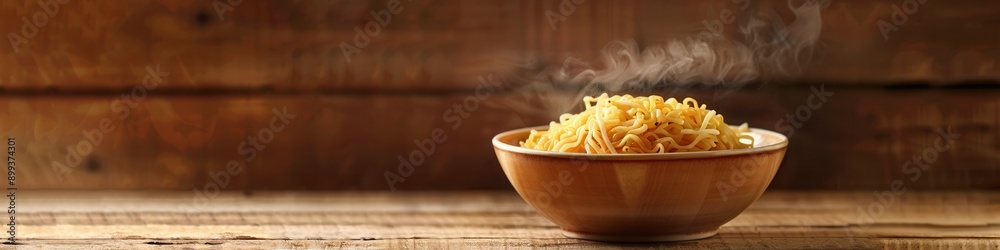 Poster a steaming bowl of enticing instant noodles rests on a wooden table, inviting a cozy dining experien