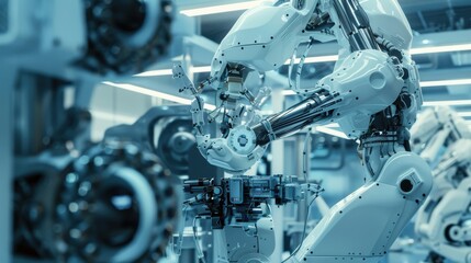 Fototapeta premium A robotics assembly line with autonomous robots constructing intricate machinery, demonstrating precision and efficiency, with digital interfaces monitoring the entire process in real-time