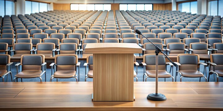 A podium in a conference room with microphone and seating arrangement, podium, conference, room, microphone, seating