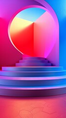 Obraz premium A sequence of actions leads to a room featuring a red, blue, and pink color scheme, with a central spiral staircase