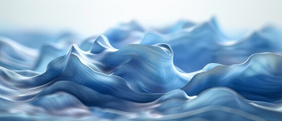 Fototapeta premium A mountain range emerges from the ocean, surrounded by waves in the foreground, while a tranquil light blue sky unfolds above