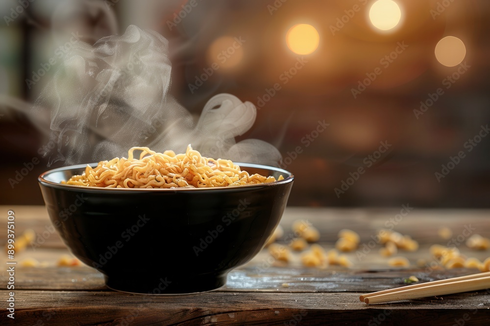 Poster a steaming bowl of instant noodles sits on a wooden table, inviting warmth and comfort in a cozy eve