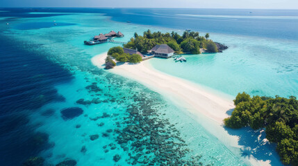 Obraz premium Bird eye view of the crystal-clear waters and white sands of Maldives