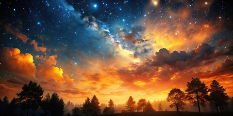 Fototapeta premium Night sky with orange clouds and stars over trees, night sky, orange clouds, stars, trees, nature, nighttime, beauty