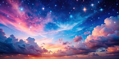 Fototapeta premium Starry sky over pink and blue clouds during sunset , starry, sky, pink, blue, clouds, sunset, colorful, evening, dusk
