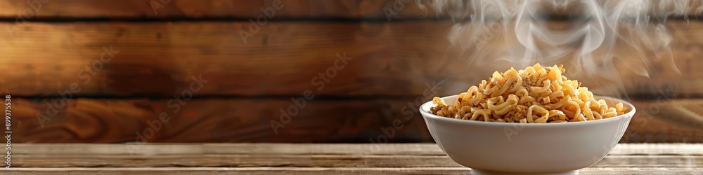 Poster a steaming bowl of delicious instant noodles sits on a wooden table, inviting warmth and comfort for
