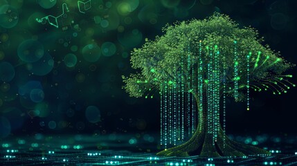 Obraz premium A creative illustration of a digital tree with binary code leaves, symbolizing the integration of technology and green initiatives.