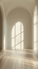 Fototapeta premium A sunlit room with vast arched windows and a centrally located hardwood floor