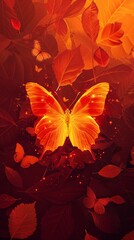  A painting of a butterfly amidst a field of leaves, its wings bathed in brilliant orange light