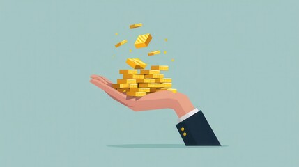 Obraz premium Hand Holding Gold Bars with Coins Falling
