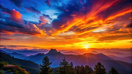 Naklejka premium Sunset in the mountains with vibrant colors and silhouettes , mountain, sunset, dusk, landscape, scenic, nature, outdoors, colorful
