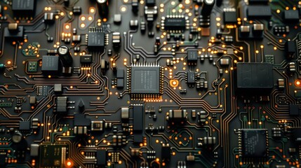 Close-up of a Modern Circuit Board with Glowing Orange Lights and Microchips