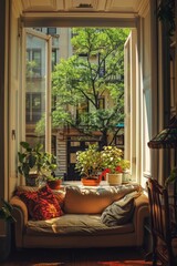 Fototapeta premium view out of a big elegant window of a cozy new york apartment livingroom on warm summer day