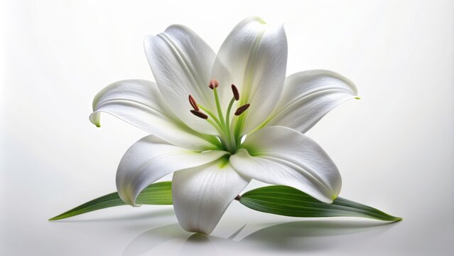 A solitary, majestic funeral lily blooms in serene elegance, petals pure white, against a clean, crisp white background, ideal for adding somber, respectful text or messaging.