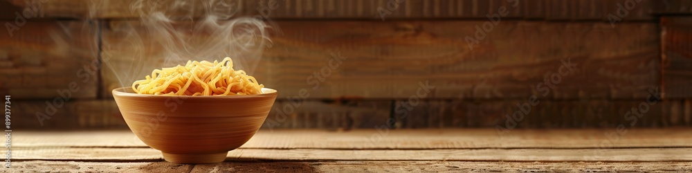 Poster steaming hot instant noodles sit in a bowl on a rustic wooden table, inviting warmth and comfort for