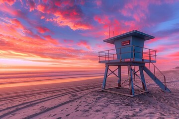Lifeguard Tower on a Beach During Vibrant Sunset or Sunrise