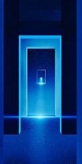 A blue door with a light at the end of it