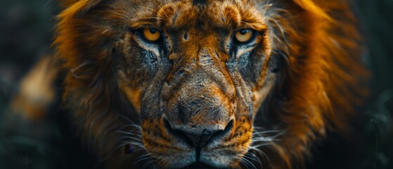  A tight shot of a lion's face with a hazy lion visage in the backdrop