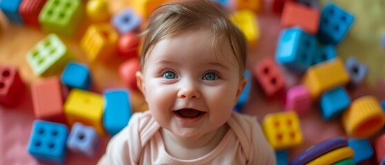  A baby with blue eyes sits before vibrant plastic building blocks, gazing up at the camera