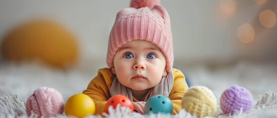 Fototapeta premium A baby in a pink knitted hat lies on a white carpet, surrounded by Easter eggs Background softly blurred