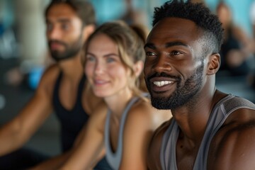 Obraz premium Three fitness enthusiasts smiling during a group exercise session, showcasing unity and motivation in a modern gym setting.