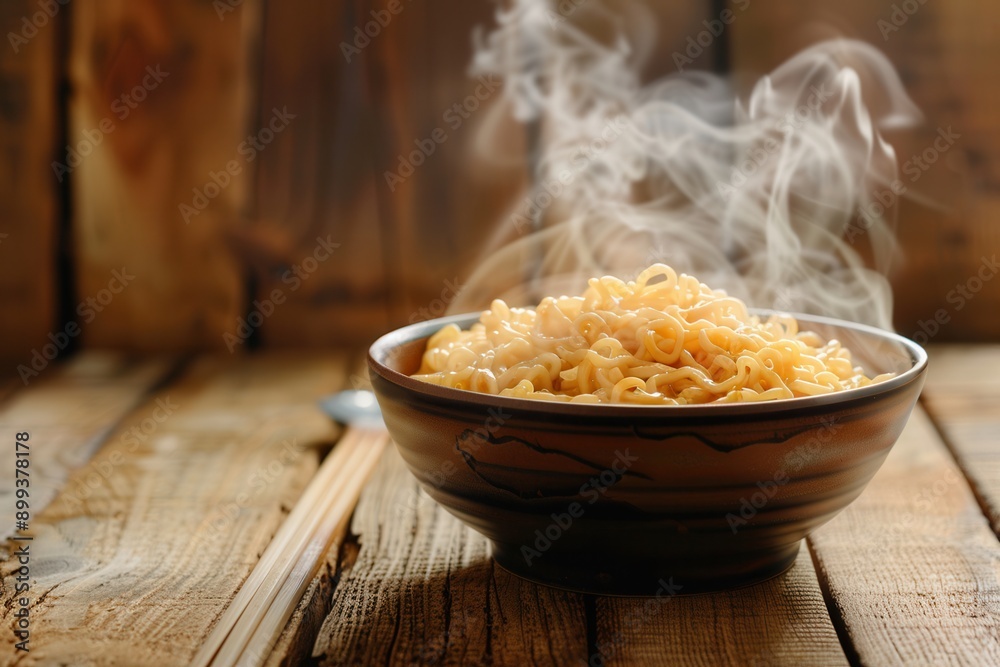 Poster a steaming bowl of instant noodles rests on a wooden table, inviting warmth and comfort with its ent