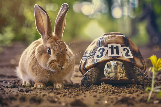A rabbit and a tortoise on a dirt path, ready for a race, symbolizing the classic fable of speed versus perseverance and determination.