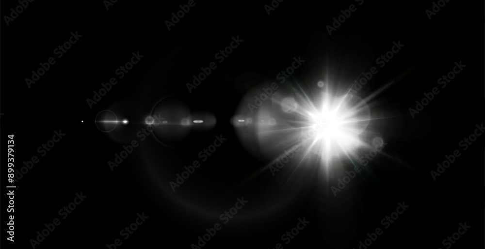 Poster Bright glow effect of glare. Bright sun with rays and glare. Vector light effect isolated on transparent background