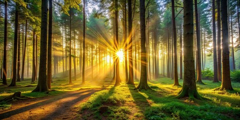 Naklejka premium Sunrise breaking through the trees in a tranquil forest setting , nature, morning, sunlight, trees, peaceful, serene