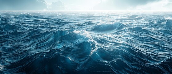  A large body of water depicted in a painting, featuring waves in the foreground and clouds in the background