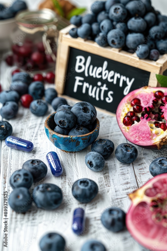 Canvas Prints blueberry berries and supplement capsules on the table. selective focus.