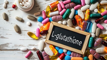 L-glutathione capsules supplements on the table. Selective focus.