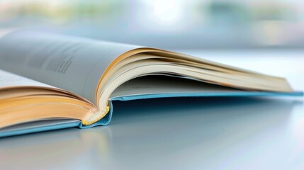 An open book with crisp pages resting on a smooth table surface, inviting readers to dive into its contents. Perfect for educational themes.