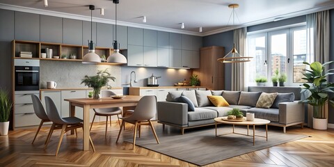 Upscale Scandinavian-inspired apartment features a spacious open-plan living area with a comfortable sofa, sleek dining table, and stylish kitchen, set against a grey wall and wooden floor.