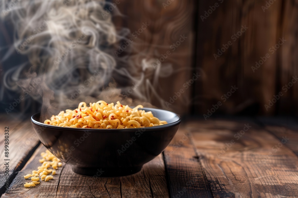 Poster A bowl of steaming instant noodles sits invitingly on a rustic wooden table, emitting fragrant steam and highlighting its appetizing texture. Generative AI